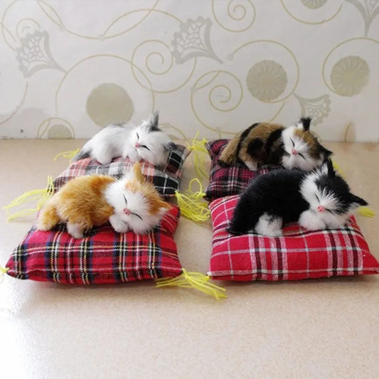 1Pc Mini Sleeping Cats On Cushion Simulation Cat Ornaments Cloth Plush Cats Model For Children'S Birthday Gifts Car Decoration